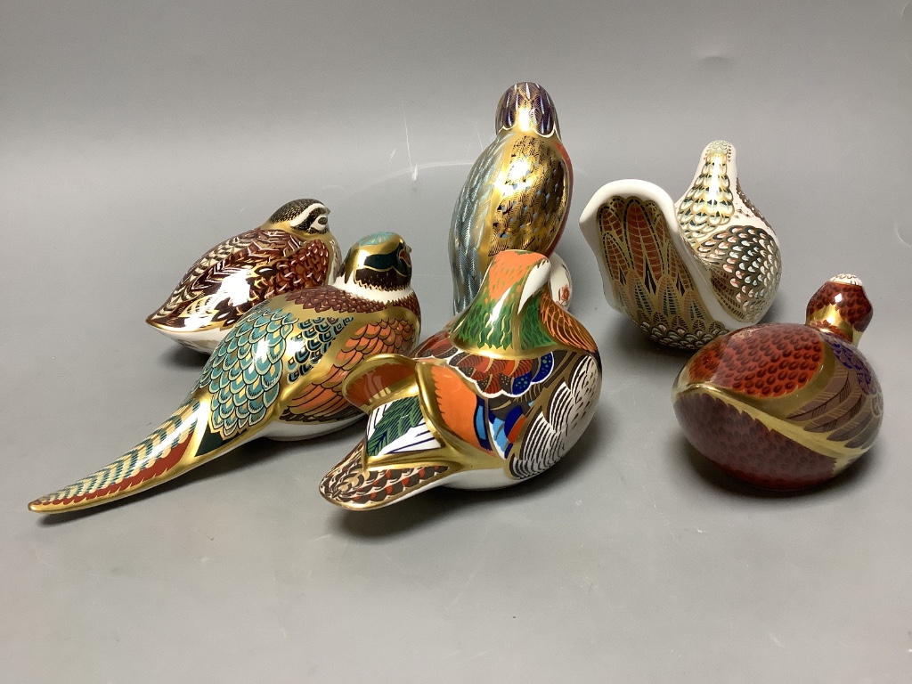 Six Royal Crown Derby bird paperweights, Woodland Pheasant (Collectors Guild), Dappled Quail, Turtle Dove, Coot, Kingfisher and Mandarin Duck.